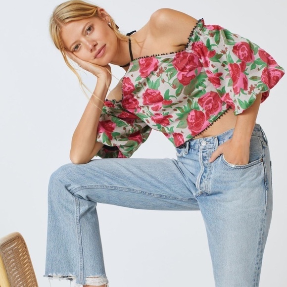 NWT Anthropologie Frida Rose Floral Print Halter Off Shoulder Crop Top - Picture 1 of 8